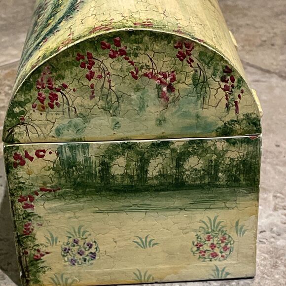 Vintage Painted Wooden Hinged Box Yellow Floral Garden Scene Crackled 6.5x5x5.5 - Picture 5 of 12